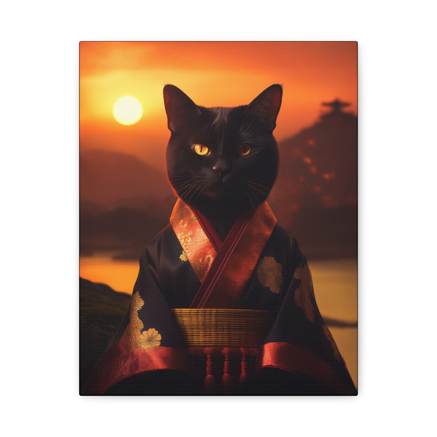 Zen Whiskers: Geisha Cat at Sunset Canvas Art | Stretched Matte Wall Decor 002