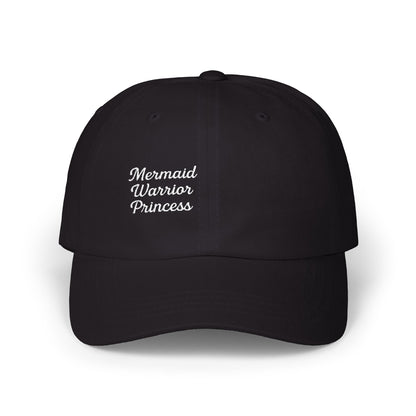 Mermaid Warrior Princess Embroidered Classic Dad Hat – Bold Text Hat for Ocean Queens, Fantasy Fans, and Fierce Beach Style, White Letters