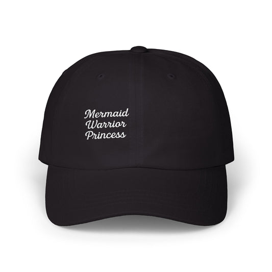 Mermaid Warrior Princess Embroidered Classic Dad Hat – Bold Text Hat for Ocean Queens, Fantasy Fans, and Fierce Beach Style, White Letters