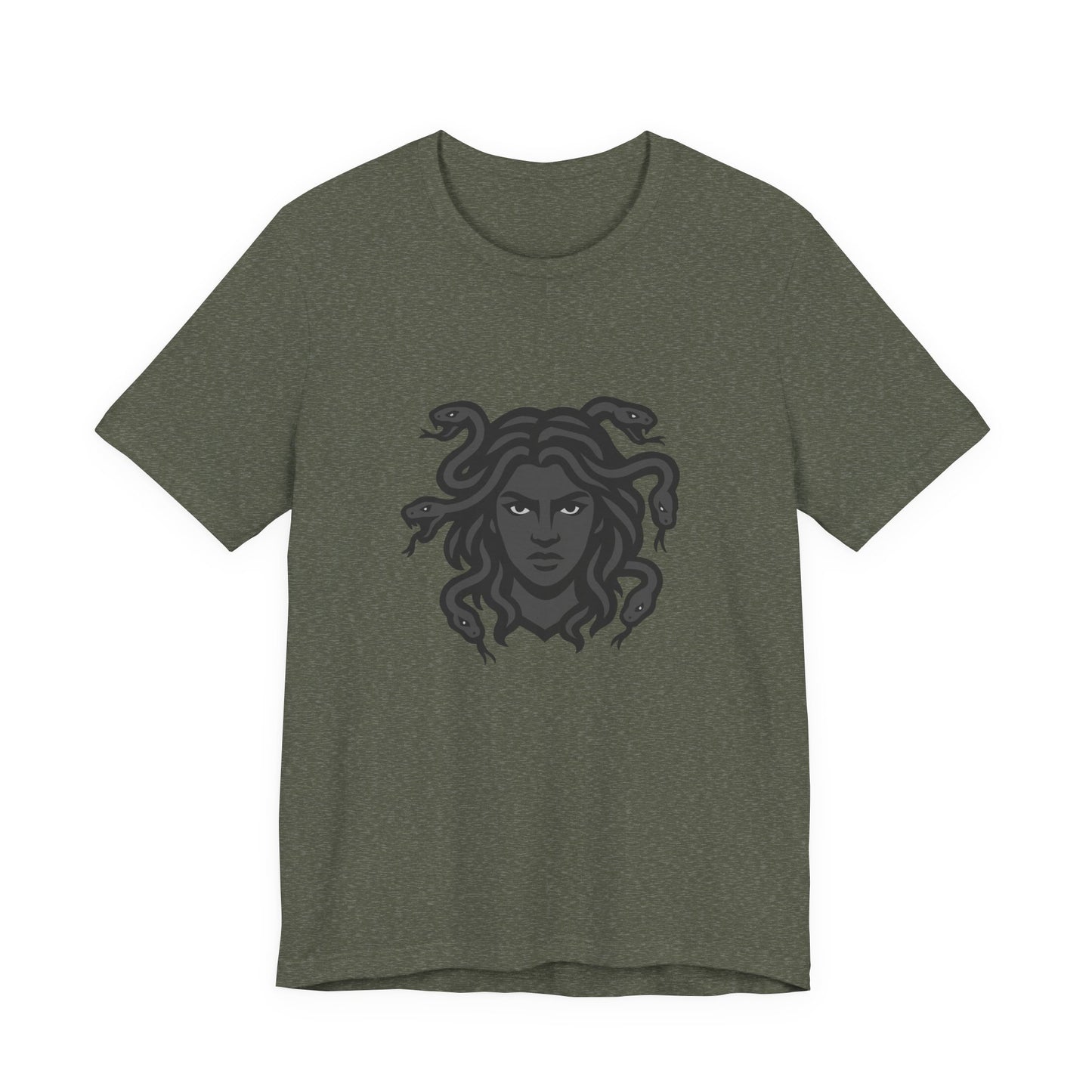Medusa Graphic T-Shirt – Dark Theme Grayscale Snake-Haired Gorgon Design on Black Tee with Dark Myth Vibe and Modern Ghost Effect. Unisex Jersey Short Sleeve Tee