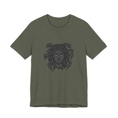 Medusa Graphic T-Shirt – Dark Theme Grayscale Snake-Haired Gorgon Design on Black Tee with Dark Myth Vibe and Modern Ghost Effect. Unisex Jersey Short Sleeve Tee