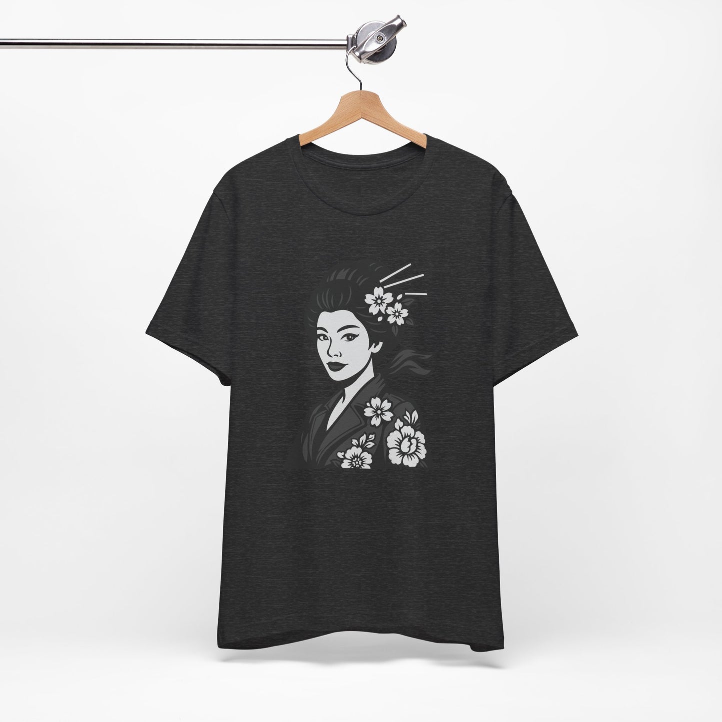 Floral Geisha Graphic Tee Dark Theme – Elegant Vector Portrait with Modern Ghost Effect