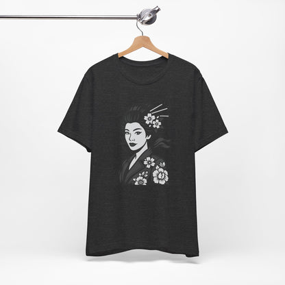 Floral Geisha Graphic Tee Dark Theme – Elegant Vector Portrait with Modern Ghost Effect