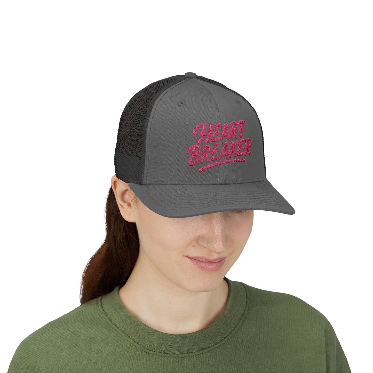Heartbreaker Trucker Hat – Bold Baseball Hat with Retro Script and Broken Heart Design for Confident Rule-Breakers. Pink Letters