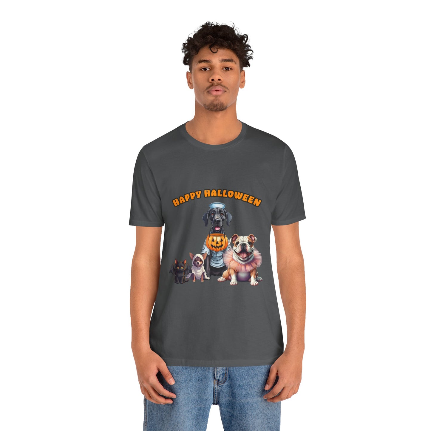 Happy Halloween Pet Parade Shirt – Cute Halloween Dogs and Cat in Costumes. Unisex Jersey Short Sleeve Tee