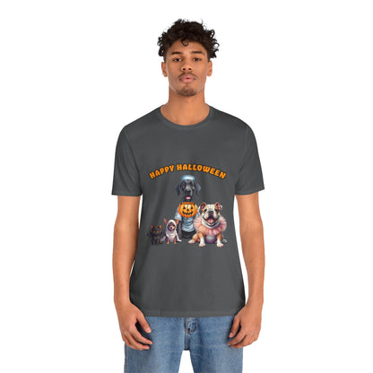 Happy Halloween Pet Parade Shirt – Cute Halloween Dogs and Cat in Costumes. Unisex Jersey Short Sleeve Tee