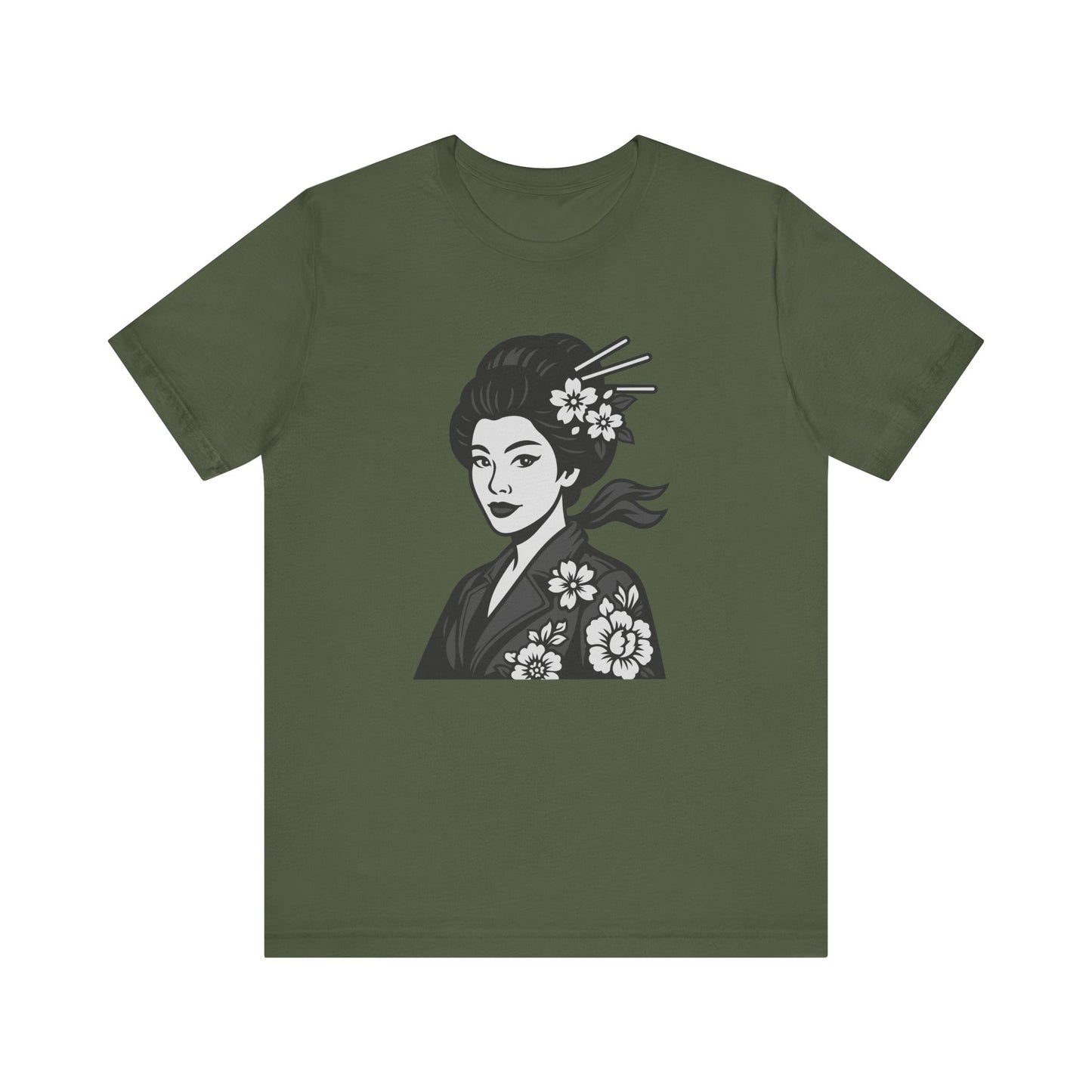 Floral Geisha Graphic Tee Dark Theme – Elegant Vector Portrait with Modern Ghost Effect
