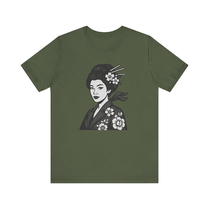 Floral Geisha Graphic Tee Dark Theme – Elegant Vector Portrait with Modern Ghost Effect