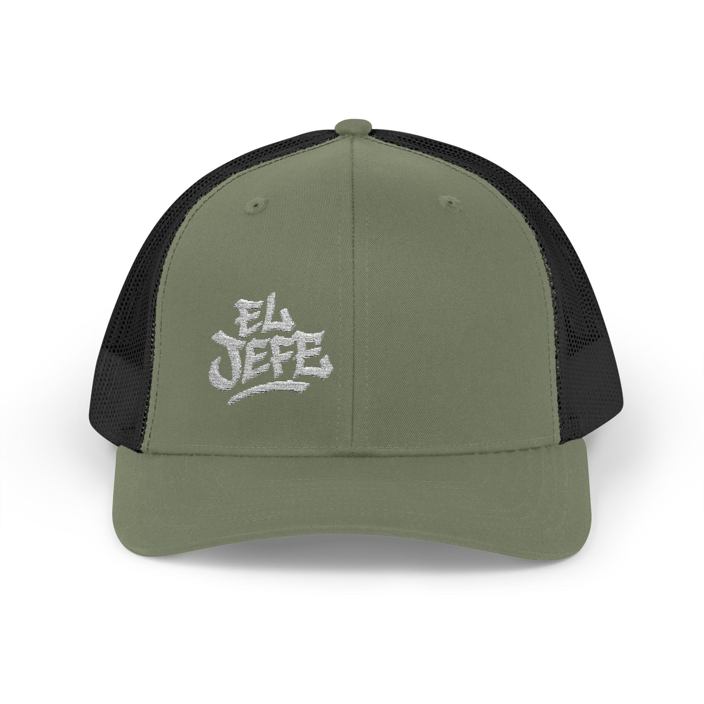 El Jefe Trucker Hat – Embroidered Bold Text Hat for Boss Energy, Leadership Style, and Latin Flair. White Letters