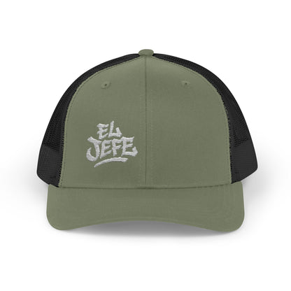 El Jefe Trucker Hat – Embroidered Bold Text Hat for Boss Energy, Leadership Style, and Latin Flair. White Letters