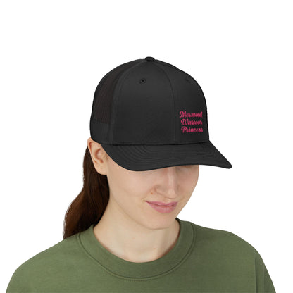 Mermaid Warrior Princess Trucker Hat – Embroidered Bold Text Hat for Magical Queens. Pink Letters
