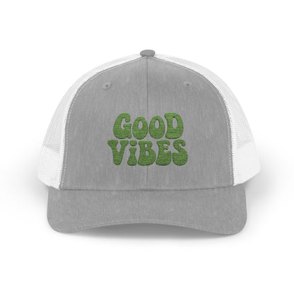 Good Vibes Trucker Hat – Embroidered Retro Text Hat for Positive Vibes, Chill Style, and Everyday Feel-Good Energy. Green Letters