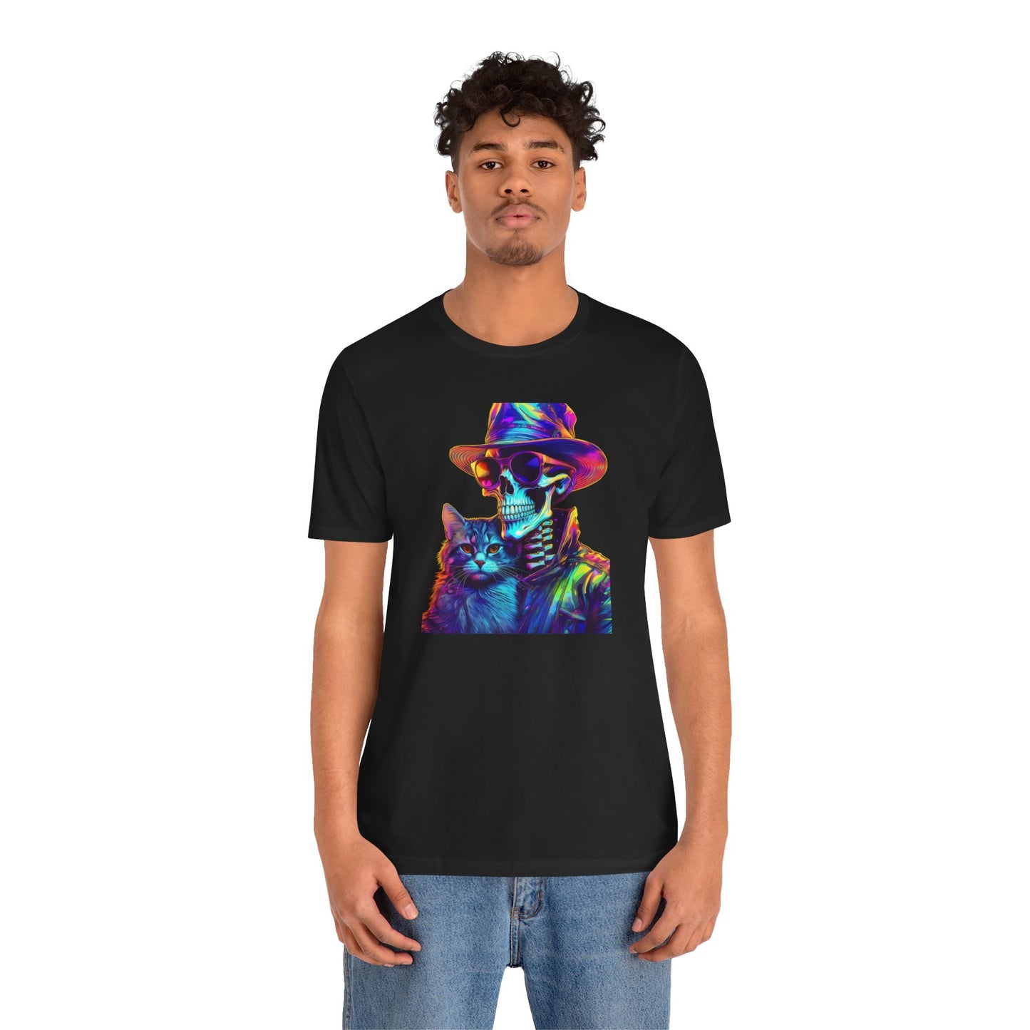 Cool Skeleton and Cat Halloween Shirt – Neon Retro Horror Graphic Tee for Spooky Style and Cat Lovers