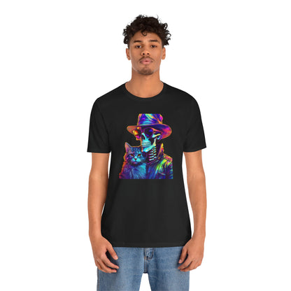 Cool Skeleton and Cat Halloween Shirt – Neon Retro Horror Graphic Tee for Spooky Style and Cat Lovers