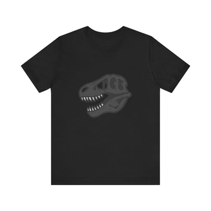 T-Rex Skull Graphic T-Shirt – Dark Theme Grayscale Dinosaur Skeleton Design on Black Tee with Prehistoric Edge and Modern Ghost Effect. Unisex Jersey Short Sleeve Tee