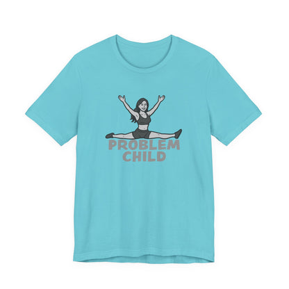 Problem Child Graphic Tee Cheerful Rebel Jump Pose in Bold Dark Theme Monochrome Style. Unisex Jersey Short Sleeve Tee