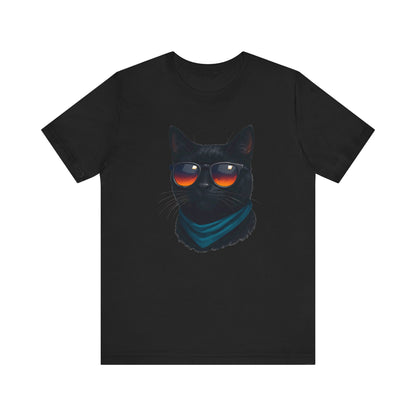 Cool Black Cat with Shades Graphic Tee Dark Theme – Retro Sunset Sunglasses Vector Design