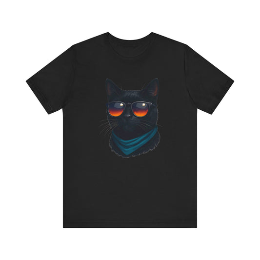 Cool Black Cat with Shades Graphic Tee Dark Theme – Retro Sunset Sunglasses Vector Design