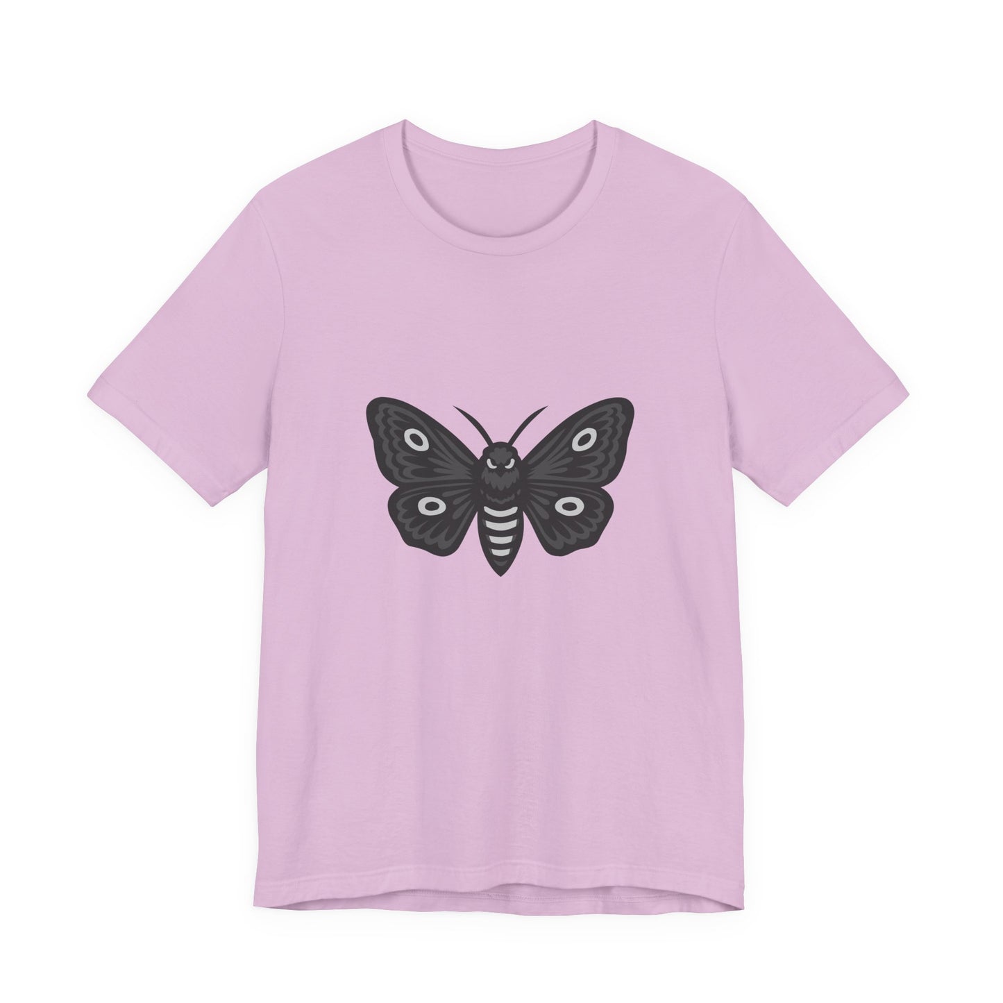 Moth Graphic T-Shirt – Dark Theme Grayscale Winged Insect Design on Black Tee with Gothic Mood and Subtle Modern Ghost Effect. Unisex Jersey Short Sleeve Tee