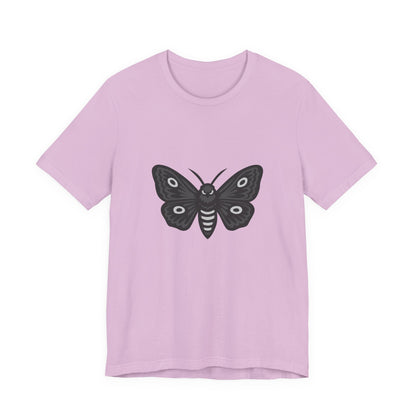 Moth Graphic T-Shirt – Dark Theme Grayscale Winged Insect Design on Black Tee with Gothic Mood and Subtle Modern Ghost Effect. Unisex Jersey Short Sleeve Tee