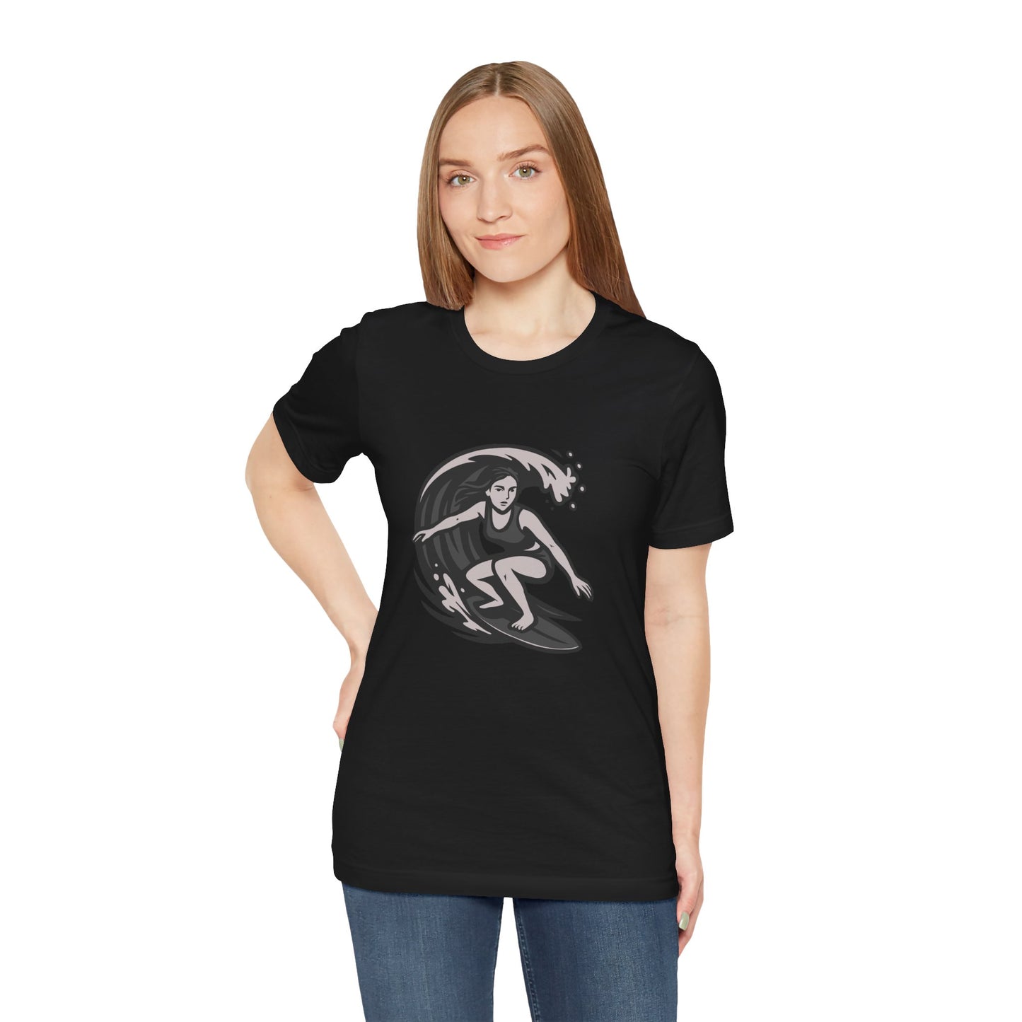 Surf Girl Graphic T-Shirt – Dark Theme Grayscale Female Surfer Riding Wave on Black Tee with Flow State Energy and Modern Ghost Effect. Unisex Jersey Short Sleeve Tee