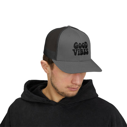 Good Vibes Trucker Hat – Embroidered Retro Text Hat for Positive Vibes, Chill Style, and Everyday Feel-Good Energy. Black Letters