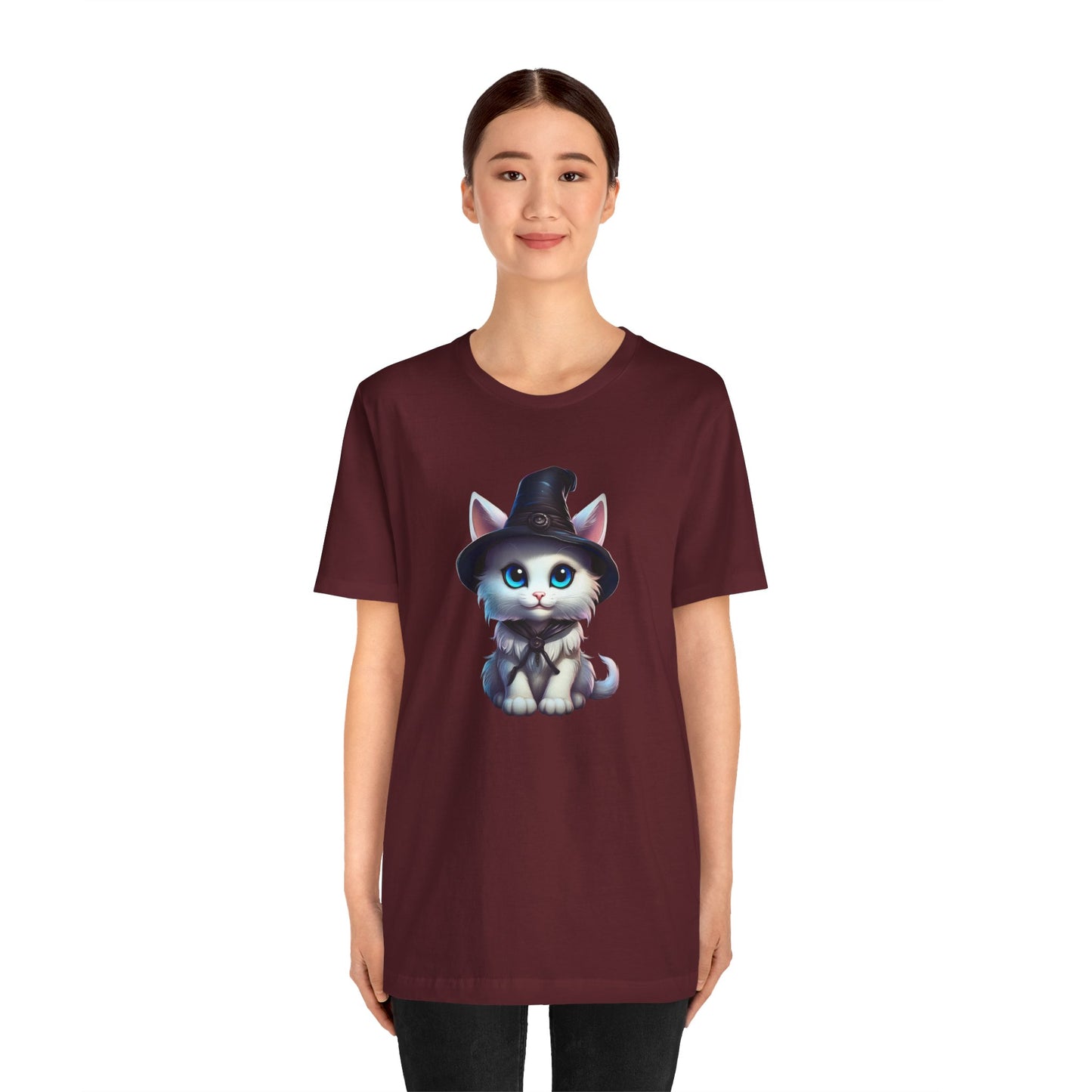 Adorable Witch Cat Halloween Shirt – Cute White Cat in Hat Graphic Tee for Cat Lovers and Halloween Fans