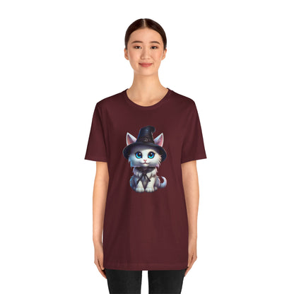 Adorable Witch Cat Halloween Shirt – Cute White Cat in Hat Graphic Tee for Cat Lovers and Halloween Fans