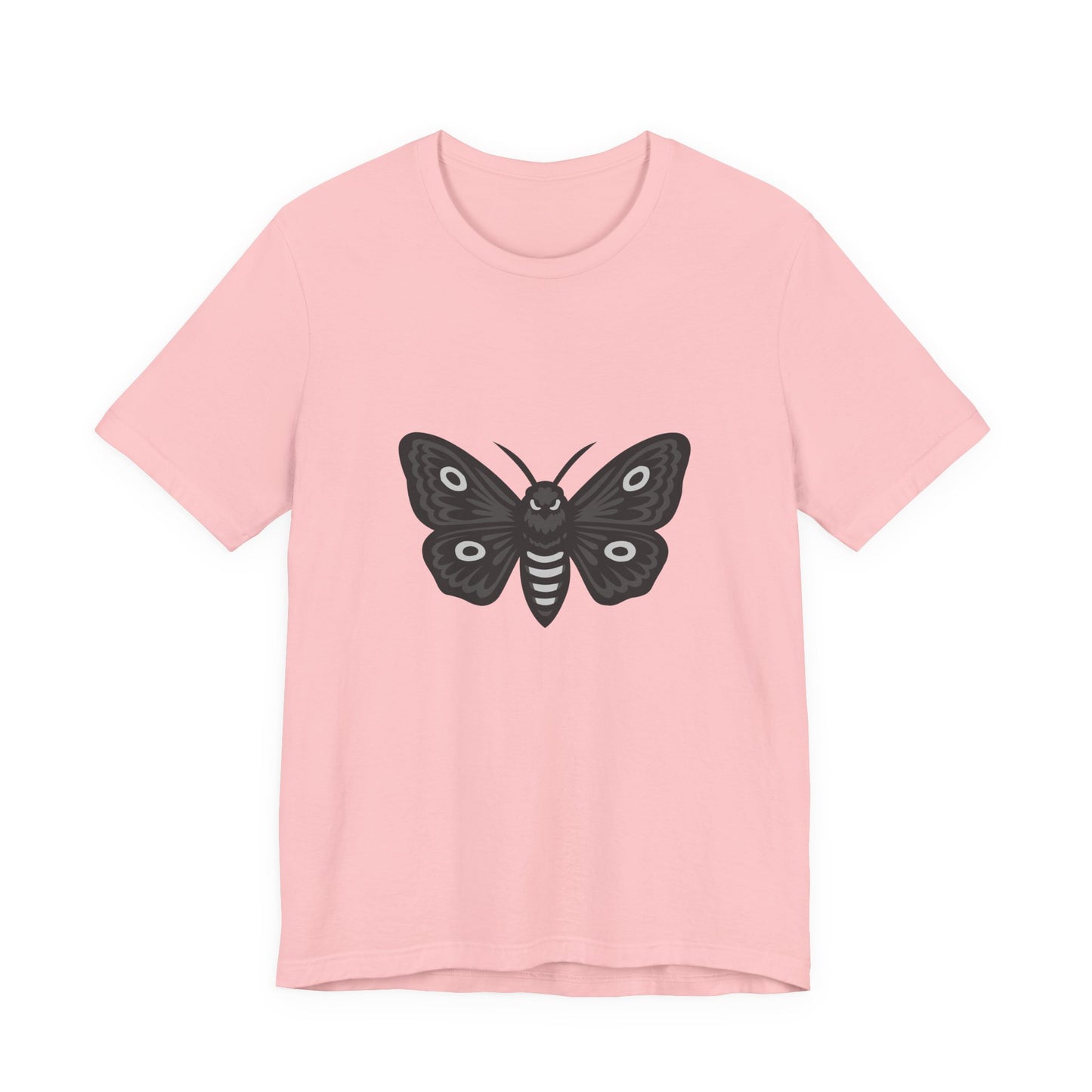Moth Graphic T-Shirt – Dark Theme Grayscale Winged Insect Design on Black Tee with Gothic Mood and Subtle Modern Ghost Effect. Unisex Jersey Short Sleeve Tee