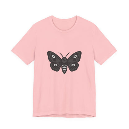 Moth Graphic T-Shirt – Dark Theme Grayscale Winged Insect Design on Black Tee with Gothic Mood and Subtle Modern Ghost Effect. Unisex Jersey Short Sleeve Tee