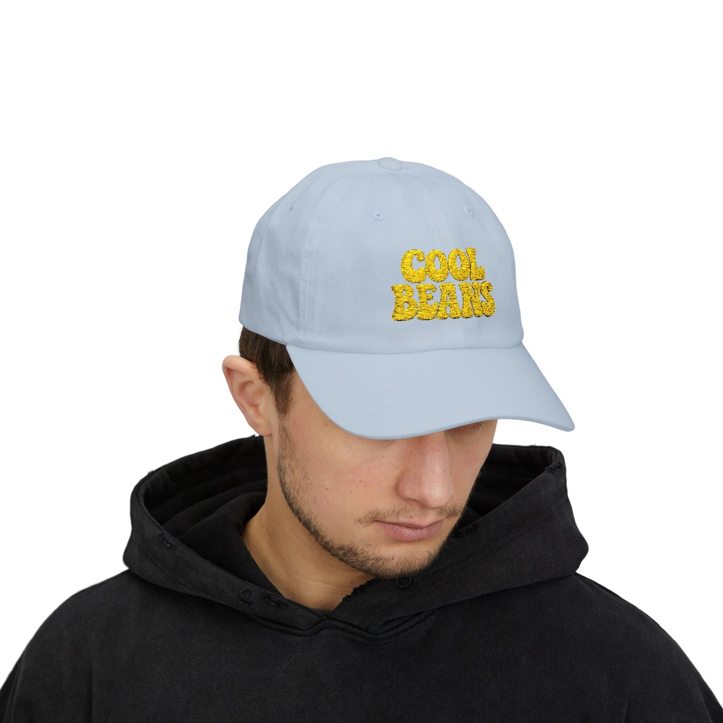 Cool Beans Classic Dad Hat – Embroidered Minimalist Text Hat for Chill Vibes and Quiet Comedy Fans. Yellow Letters