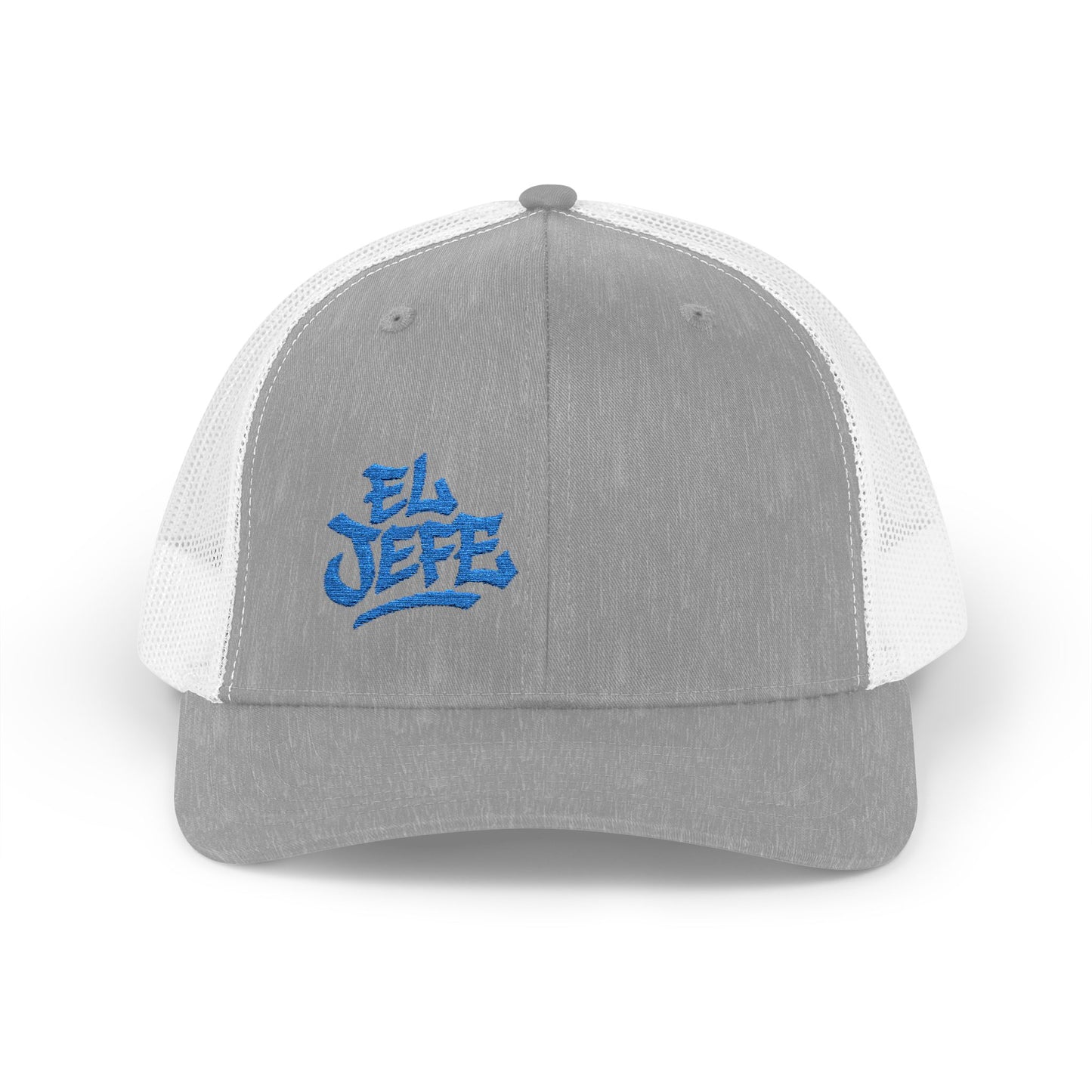 El Jefe Trucker Hat – Embroidered Bold Text Hat for Boss Energy, Leadership Style, and Latin Flair. Blue Letters