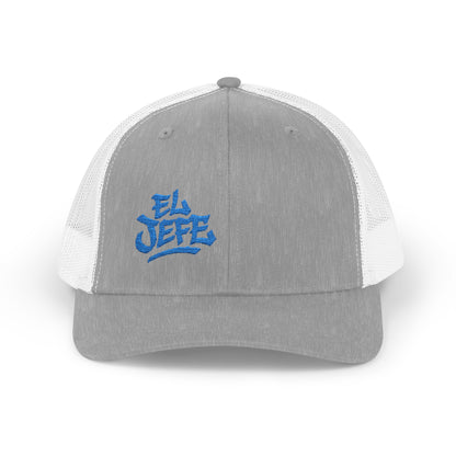 El Jefe Trucker Hat – Embroidered Bold Text Hat for Boss Energy, Leadership Style, and Latin Flair. Blue Letters