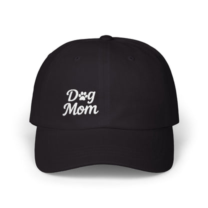 Dog Mom Classic Dad Hat – Embroidered Minimalist Dog Face Hat for Proud Pet Moms. White Letters
