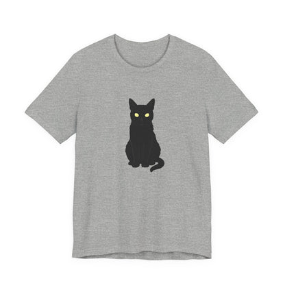 Glowing-Eyed Black Cat Shirt – Dark Theme Feline Stare for Maximum Spook and Minimal Effort. Unisex Jersey Short Sleeve Tee