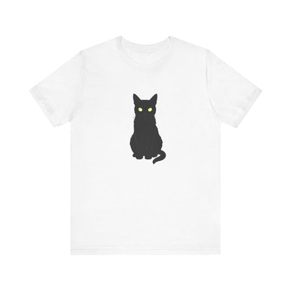 Glowing-Eyed Black Cat Shirt – Dark Theme Feline Stare for Maximum Spook and Minimal Effort. Unisex Jersey Short Sleeve Tee