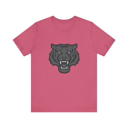 Tiger Head Graphic T-Shirt – Dark Theme Grayscale Roaring Beast Design on Black Tee with Fierce Focus and Modern Ghost Effect. Unisex Jersey Short Sleeve Tee