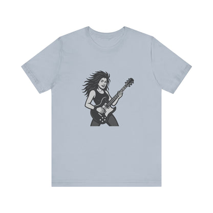 Rock Guitar Girl Graphic T-Shirt – Dark Theme Grayscale Electric Guitarist Design on Black Tee with Music Attitude and Modern Ghost Effect. Unisex Jersey Short Sleeve Tee