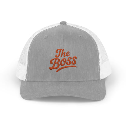 The Boss Trucker Hat – Embroidered Statement Hat for Power Moves Only. Orange Letters