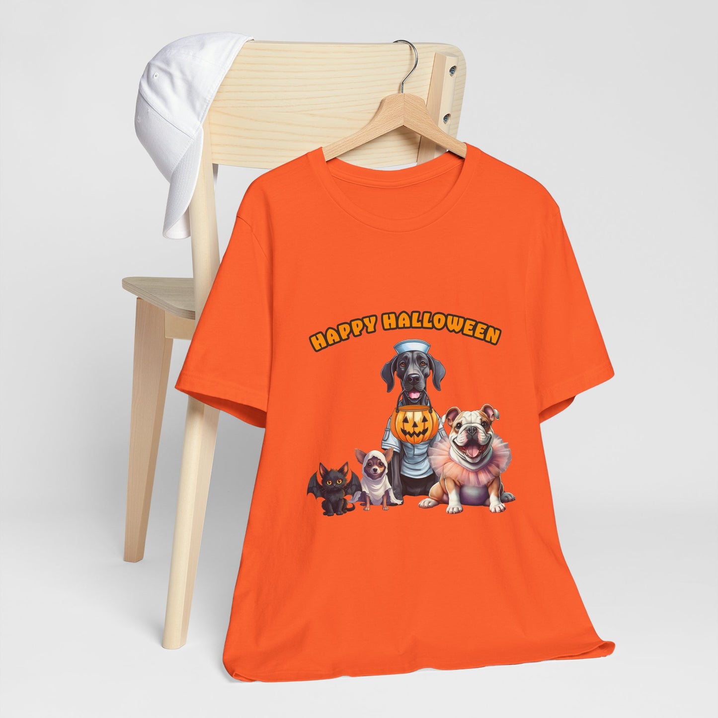Happy Halloween Pet Parade Shirt – Cute Halloween Dogs and Cat in Costumes. Unisex Jersey Short Sleeve Tee