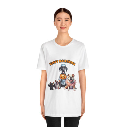 Happy Halloween Pet Parade Shirt – Cute Halloween Dogs and Cat in Costumes. Unisex Jersey Short Sleeve Tee