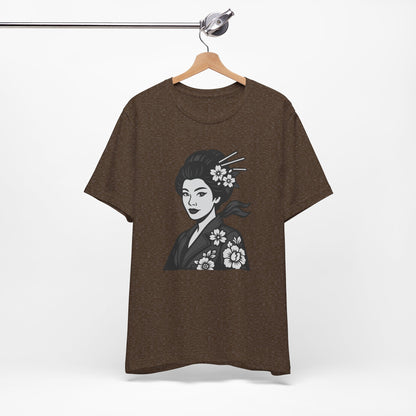 Floral Geisha Graphic Tee Dark Theme – Elegant Vector Portrait with Modern Ghost Effect