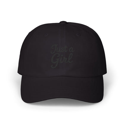 Just a Girl Embroidered Classic Dad Hat – Minimalist Script Baseball Hat with Bold Feminine Energy and Classic Style. Black Letters