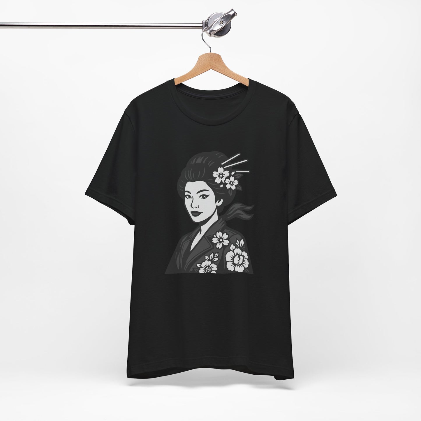 Floral Geisha Graphic Tee Dark Theme – Elegant Vector Portrait with Modern Ghost Effect