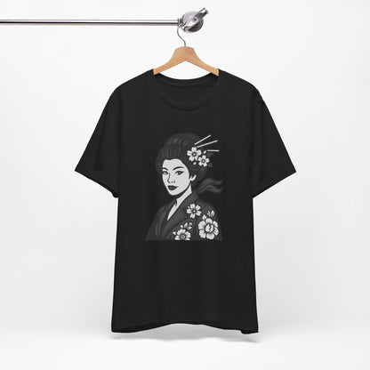 Floral Geisha Graphic Tee Dark Theme – Elegant Vector Portrait with Modern Ghost Effect
