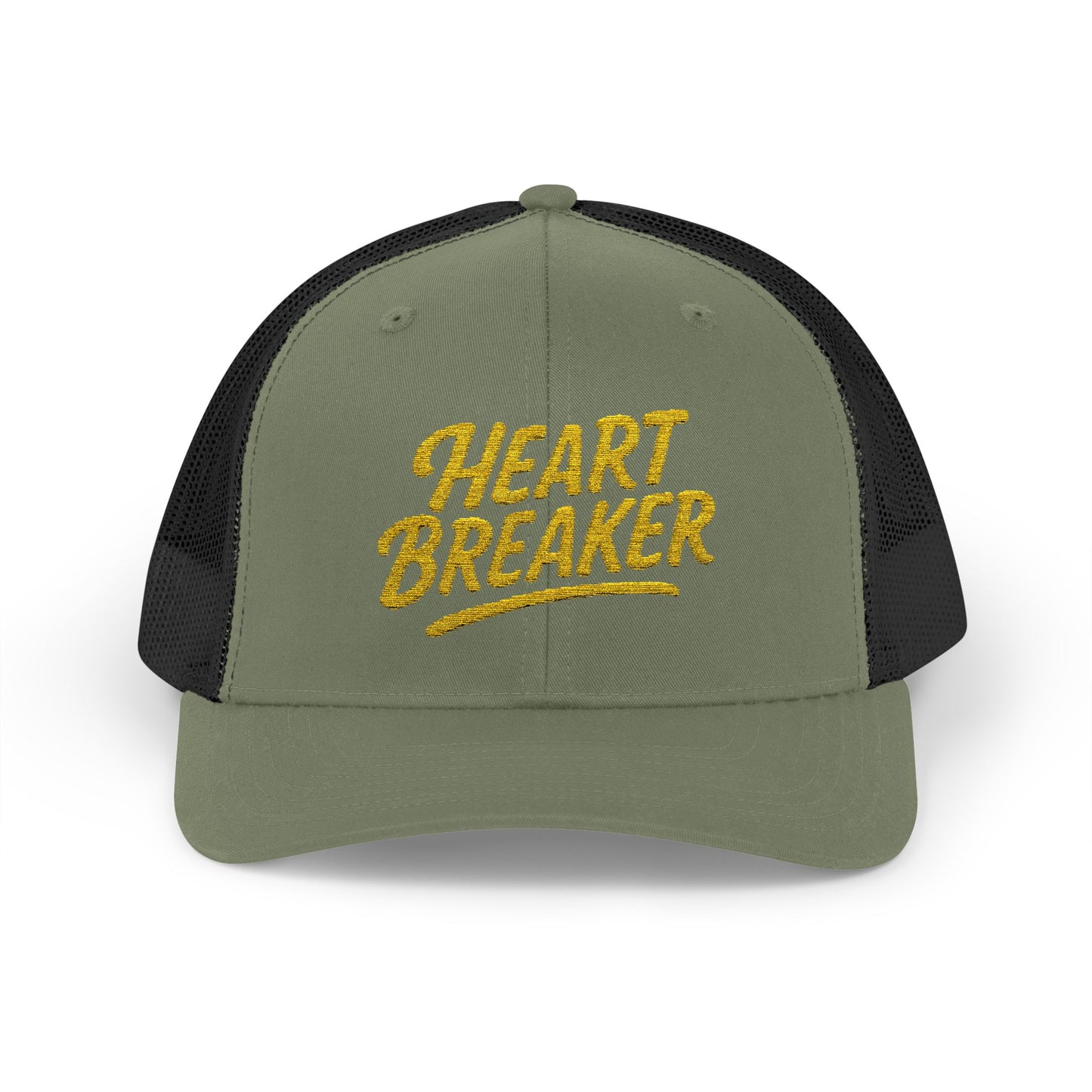 Heartbreaker Trucker Hat – Bold Baseball Hat with Retro Script and Broken Heart Design for Confident Rule-Breakers. Yellow Letters