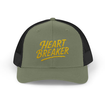 Heartbreaker Trucker Hat – Bold Baseball Hat with Retro Script and Broken Heart Design for Confident Rule-Breakers. Yellow Letters