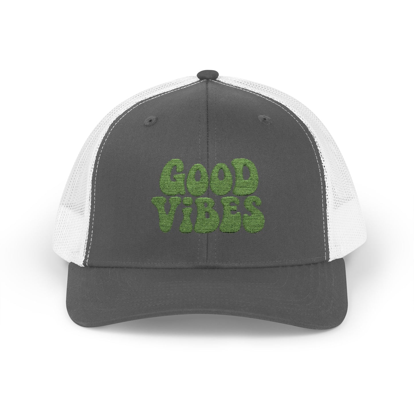 Good Vibes Trucker Hat – Embroidered Retro Text Hat for Positive Vibes, Chill Style, and Everyday Feel-Good Energy. Green Letters