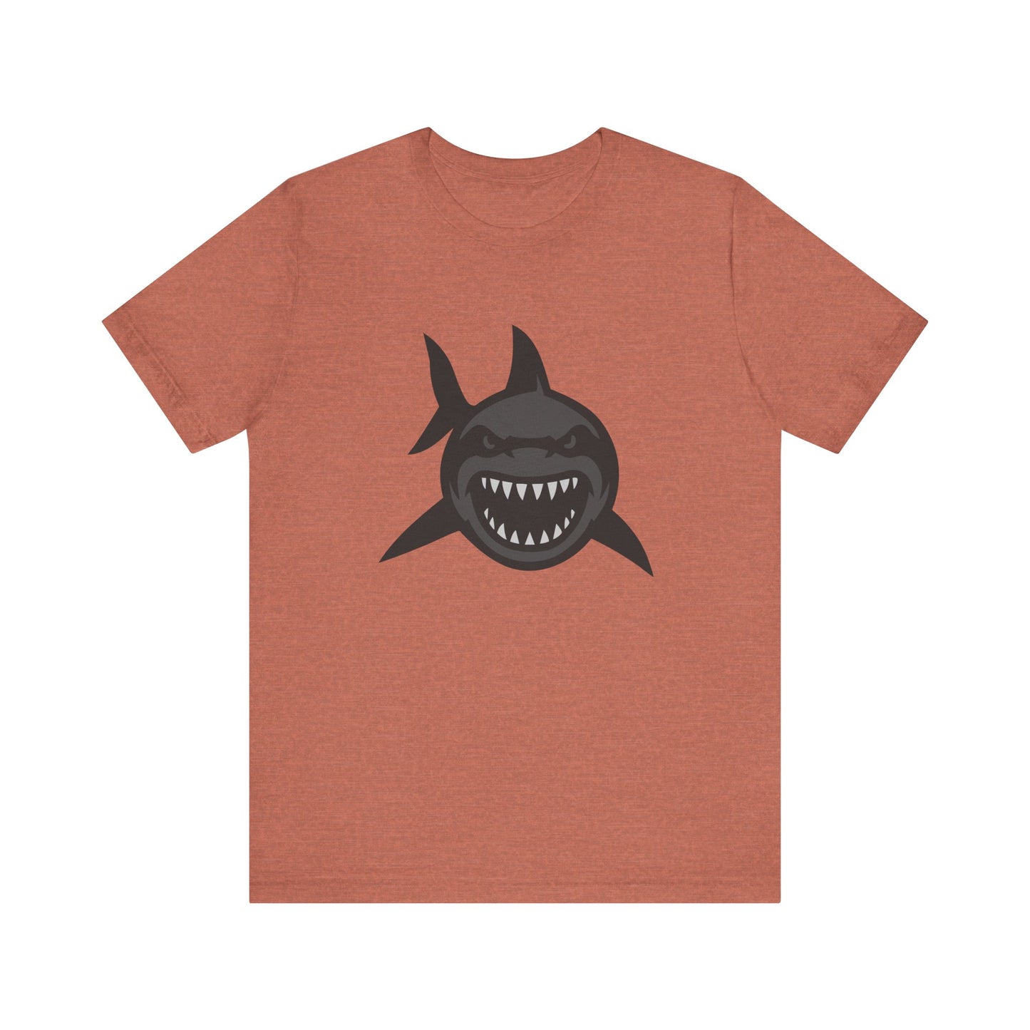 Ferocious Shark Face Graphic Tee with a Bold Bite – Dark Theme Ocean Predator Shirt in Black and Grey. Unisex Jersey Short Sleeve Tee