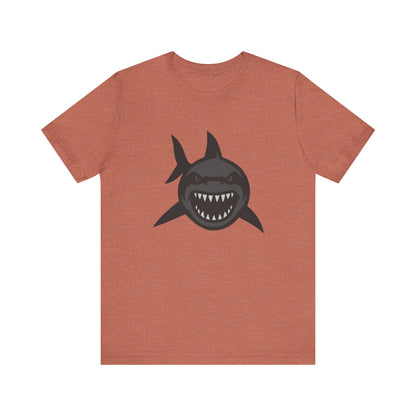 Ferocious Shark Face Graphic Tee with a Bold Bite – Dark Theme Ocean Predator Shirt in Black and Grey. Unisex Jersey Short Sleeve Tee